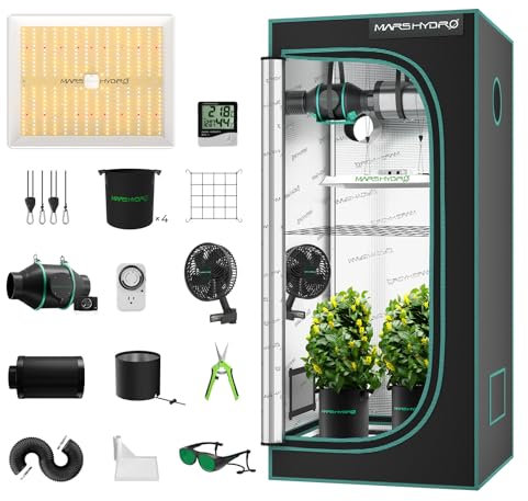 Mars Hydro Set completo per tenda da Grow, TS1000, dimmerabile, 80 x 80 x 160 cm, 1680D, altamente riflettente, Mylar Grow Box, set completo, con 4 205 CFM, set di ventilazione silenzioso ed