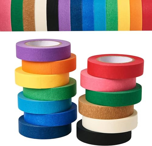 MtnLaur Coloured Masking Tape 12 Rolls, Colourful Adhesive Tape 1.5cm x 13m, Removable Masking Tape Painters Tape, Craft Art Paper Tape, for Labeling Art Craft Lesson DIY Wall Paintings Rainbow Tape