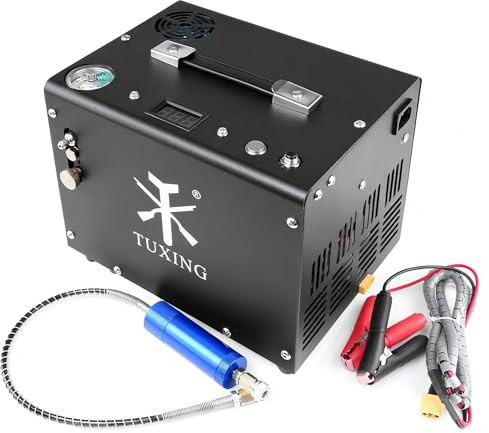 TUXING Compresor de aire PCP de 4500 psi/30 megapa, apagado automático, pistola de aire a presión y bomba de tanque de paintball con separador de agua/aceite, adaptador de corriente integrado (batería