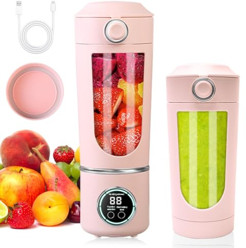 Tragbarer Mixer, 700 ml kleiner Mixer Smoothie, Mini-Standmixer mit 12 Edelstahlklingen und Digitalanzeige, Wiederaufladbarer Shakes und Smoothie-Maker für Reisen, Fitness, Küche (Rosa)