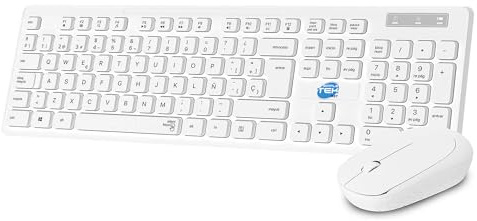 SIMPLETEK - Kit teclado y ratón inalámbricos blanco layout QWERTY Español, tamaño completo, conexión RF, multimedia, 1200 DPI, teclas silenciosas