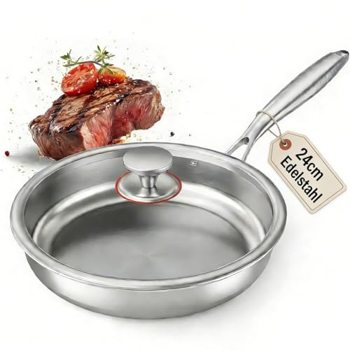 BugyKido Edelstahlpfanne 24 cm unbeschichtet - Mehrschichtiger Verbundtopfboden für induktion, ohne PTFE/PFOA - Spülmaschinenfest, backofenfest mit Deckel - Für alle Herdarten geeignet