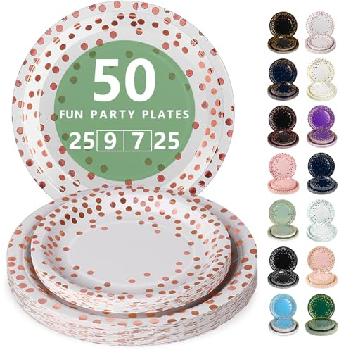 Nkaiso Vaisselle Jetable,50 Pcs Rose Or Assiette Carton | 25 Assiettes Plateaux 23cm & 25 Assiettes Dessert 18cm - Pour Mariage, Anniversaire & Événements