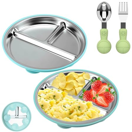 Silent-Qiaoyou Edelstahl Baby Teller mit Silikon Saugnapf Silikon Babyteller mit Saugnapf Kinderteller mit 4 Saugnäpfen Baby Teller mit Löffel und Gabel BPA-frei für Babybestimmte Beikosteinführung