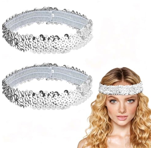 QIZHIQIAMY 2 Stück Pailletten Stirnband Silber Elastische Glitzer Haarband Pailletten Haarreifen Accessoires Damen für Den Alltag, Silvesterpartys Oder Karnevalskostüme Im Stil Der 1920er Jahre
