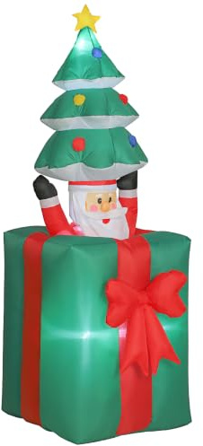 Outsunny 160-213 cm Aufblasbarer Weihnachtsdekoration mit LED-Lichtern | Beweglicher Weihnachtsmann aus Geschenkbox, mit Weihnachtsbaum, Weihnachtsdeko, für Rasen Hof und Garten