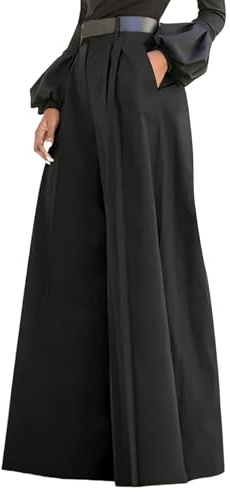 OYOANGLE Women's Zipper Fly Wide Leg Dress Pants High Waist Pleated Baggy Pants with Pockets Black Large