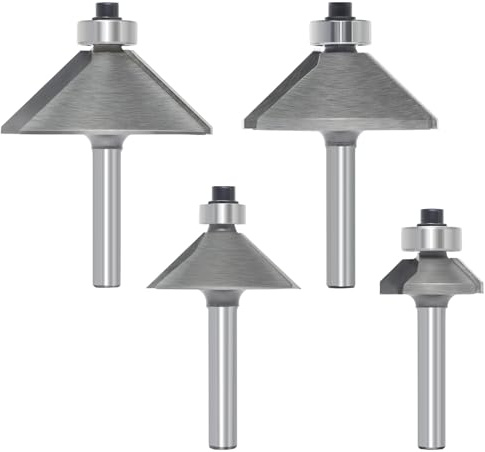 Juego de 4 fresas de chaflán 45° – cola 6 mm, longitudes de chaflán 1/4, 1/2, 3/4, 7/8 – Fresas de perfil con cojinete para chaflanes y acabados de madera