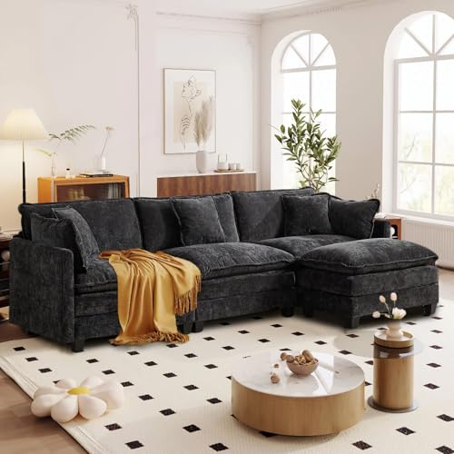 Sofá de salón Modular L 3 plazas 289cm, Chenilla Negro con Cojines Dobles | Tejido suave, resistente y transpirable, incluye cojines y reposabrazos. Ideal para salón, dormitorio y apartamento.