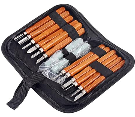 BESTonZON Professionelles Holzschnitzset mit 14 teiligem Meißel und Wetzstein Satz Langlebige Schnitzwerkzeuge für Holz Speckstein und Bastelarbeiten Inkl Praktischer Canvas Tasche Geeignet