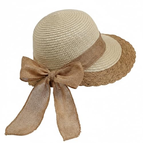 Cappello da Sole Donna in Paglia con Fiocco, Cappello da Spiaggia Estivo, Falda Extra Larga, Comodo e Traspirante, Protezione Solare, Vacanze, Mare, Parco(Beige)