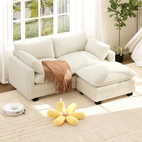 Xbro Ecksofa L Form mit Ottomane, Modulares 2-Sitzer Cloud Sofa aus Cord Stoff mit Abnehmbaren Bezügen, Couch mit Hochdichter Schaumstoffpolsterung für Wohnzimmer Schlafzimmer, Beige