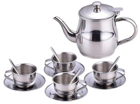 Barn-tea-set för flickor, lättviktigt tekanna-paket med köksleksaker, låtsaslek te-set tillverkat i rostfritt stål, för rollspel, födelsedag, lekstund, klassrum, hemma, lekrum, förskola