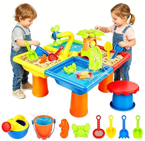 4 IN 1 Sand Wasserspieltisch, Kinder Sand Wassertisch Spielzeug, Großer Wassertisch mit 25-teiligem Zubehörset, Wasserspieltisch Kinder Outdoor, Strandspieltisch für Jungen Mädchen 3 4 5 6 7 Jahr