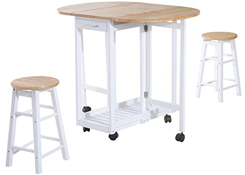 HOMCOM 3 Pieces Dining Room Set, Mobile Foldable Dining Table and 2 Stools with Storage Shelf, 2 Drawers and 6 Wheels, Drop Leaf Bar Table and Stools for Home Kitchen Pub, White