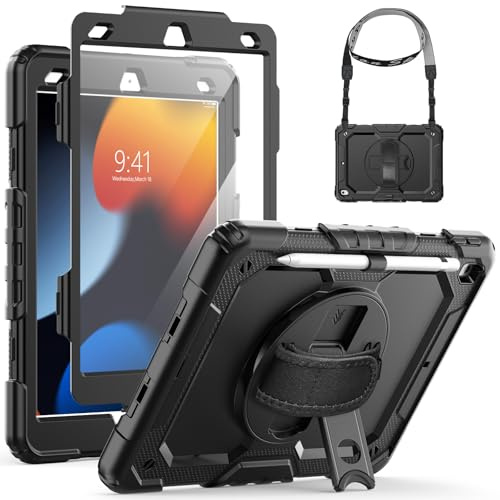 SEYMCY for iPad 9th/8th/7th Generation Case 10.2 Inch 2021/2020/2019 | Full-body Shockproof with Screen Protector, 360° Rotating Stand & Hand Strap, Shoulder Strap, Pencil Holder, Black