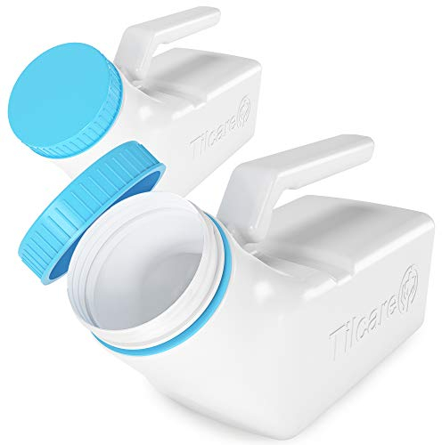 Urinals for Men Glow in The Dark Lid by Tilcare (2 Pack) - 1000mL Thick Plastic Mens Bedpan Bottle with Screw-on Lid - Spill Proof Urinary Chamber - Male Portable Travel Pee Bottles