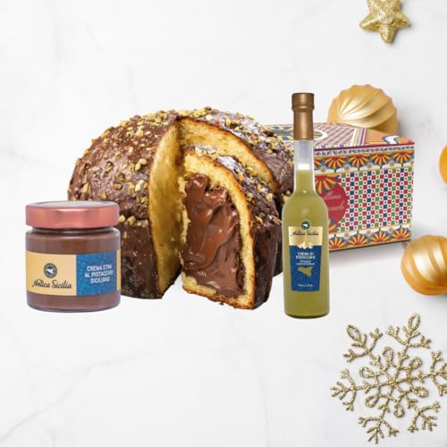 Antica Sicilia Confezione Natalizia Panettone Artigianale Al Pistacchio + Liquore 10 Cl. Al Pistacchio + Cioccolata Di Modica + Crema Dolce Spalmabile Con Pistacchio Siciliano
