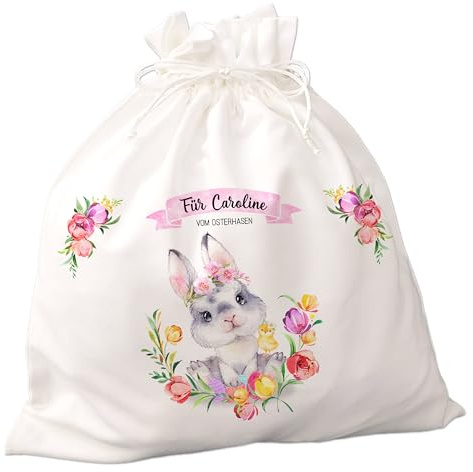 FEENSTAUB Ostersackerl, Ostern Geschenkverpackung Stoff, personalisierbar, Ostersäckchen mit Namen und Text, Geschenkbeutel Ostern, Alternative zum Osterkörbchen, bedruckt mit Osterhasen