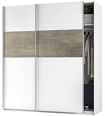Dmora - Kleiderschrank 2 Türen Elgin, Schlafzimmerschrank, Schrank mit Kleiderstange und 3 Regalen, 180x60h200 cm, Weiß und Eiche