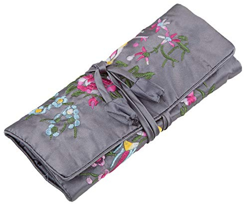 KYEYGWO Schmuckrolle mit Blumen-Vogel-Stickerei, Reise Schmuck Organizer | Chinesischer Stil Faltbare Tragbare Rollenbeutel, zum aufrollen weich, für Halsketten Ring Armband Aufbewahrung Tasche