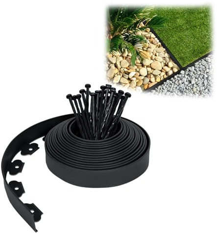 HENGMEI Gräskant, plast, 50 m, flexibel, rabattkant, rotspärrsystem, rabattinfattning, blomrabatt, inramning med 150 fästspikar, svart