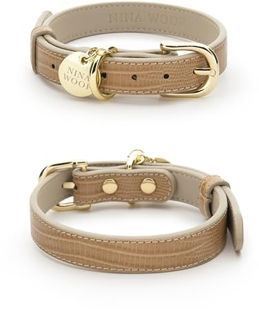 NINA WOOF Milan Hundehalsband aus veganem Leder,Gepolstertes Luxus-Hundehalsband mit verstellbarer Schnalle,Halsband für Hunde,Farbe Beige, Größe S