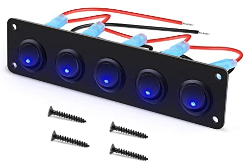 RUNCCI-YUN Panel de Interruptor Basculante de 5 bandas,Panel de interruptor de palanca de LED Azul 12-24V,SPST Interruptor Coche Redondo para coche, caravana, camión, barco