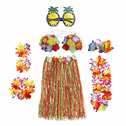 DDSHUN 8-teiliges Hula-Rock-Kostüm, hawaiianisches Leis-Tänzer-Kleid-Set mit Blumen-Bikinioberteil, hawaiianischer Lei, Hibiskus-Haarspange, Ananas für Erwachsene, Kostümzubehör, tropisch, mehrfarbig
