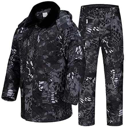 Suwequest Herren Camouflage verdicken warmen Schneemantel Winterjacke und Hose Outdoor Warm Trench Military Set Black Python 4XL-90-100kg