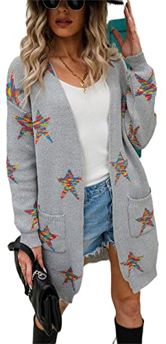 HEYPORK Damen Herbst Winter Warm Bequem Jacke Casual Mode übergangsjacke Mantel Frauen Herbst/Winter Langarm Midi Strickjacke Pentagramm Mode Strickjacke