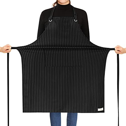 ROTANET Stripe Stretch Apron for Men Women Chef Big and Tall Large Striped Aprons with Pockets for Kitchen Cooking Waterproof Black