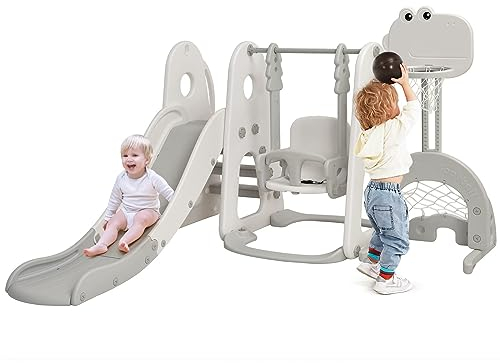 DREAMADE 5 in 1 Kinderrutsche mit Schaukel und Basketballkorb Fußballtor Golfloch, Kinder Rutsche- und Schaukelset, Kinder Spielplatz für Indoor und Outdoor (Grau)