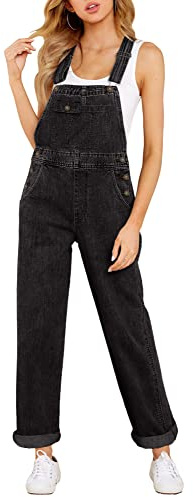 Roskiky Tuta in denim da donna con gamba dritta, jeans a vita regolare, con bretelle regolabili comode, grigio., L