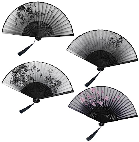 OMIGA Fächer Schwarz 4 Stück Handfächer Bambus Hochzeit Fecher mit Quaste | Fächer Klein Vintage Stil Klappfächer für Wanddekoration Dekoration Hochzeit Party Tanzen Sommer Geschenke