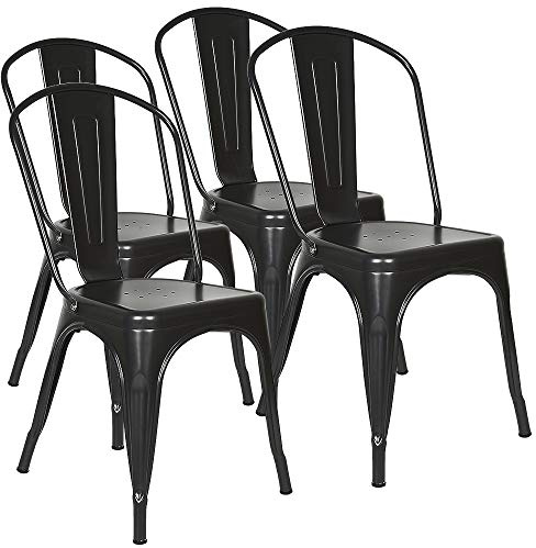 WANZHE Set mit 4 industriellen Esszimmerstühlen, Bistrostuhl, Metall, Küchenstuhl mit Rückenlehne, stapelbares Stuhl-Set für Wohnzimmer, Küche, Esszimmer, Garten (4, schwarz)