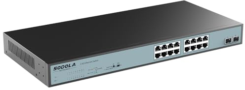 SODOLA Unmanaged Ethernet-Switch Mit 16 x 2,5 GBASE-T-Ports, 2 x 10 G SFP, 120 Gbit/s Schaltkapazität, Port-Isolierung, IE-Rack-Mount, Lüfterlos, Plug & Play Multi-Gig