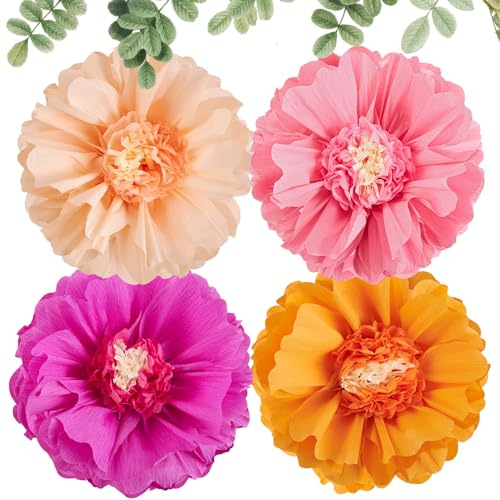 SUNBEAUTY Large Paper Flowers Decorations 4PCS 20'' Pink Orange Giant Paper Flowers Large Crepe Tissue Flower Decorations for Girls Women Birthday Baby Shower Spring Summer Wedding Wall Decor