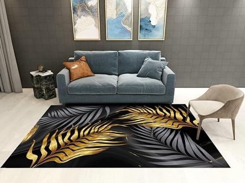 Teppich Wohnzimmer Schwarze Und Goldene Blätter Teppich Schlafzimmer,Wohnzimmerteppich Super Soft,Waschbarer Teppich,Anti-Rutsch Unterseite, Kurzflor Teppich Strapazierfähig,Modern Rug Pflegeleicht