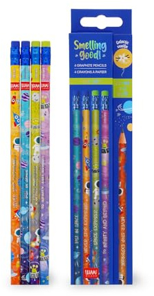 Legami - Set di 4 Matite HB Profumate - Smelling Good, Profumo di Fragola, Dettagli in Lamina, Con Gomma, Matite Scuola in Legno Naturale, Matita per Bambini, Tema Space