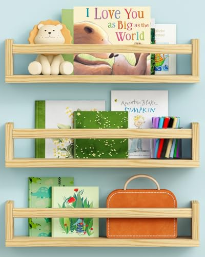 Harwaya Floating Nursery Book Shelves for Kids' Room, Natural Wood Wall Organizer for Boys and Girls - Set of 3