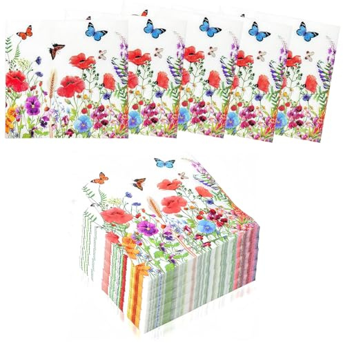 80STK Servietten Blumen Schmetterling Servietten Sommer Papierservietten | 33X33CM Servietten Geburtstag Kinder Erwachsene Servietten Sommer Gartenparty Deko Napkins für Tischdeko Hochzeit Taufe