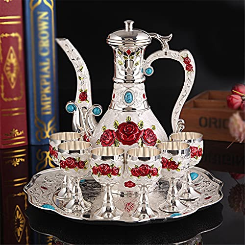 ZUIAI Big Belly Wine Set White Wine Glass Set Household European-Style High-Plate Metal Liquor Cup Tray Crafts Decoration(Black)