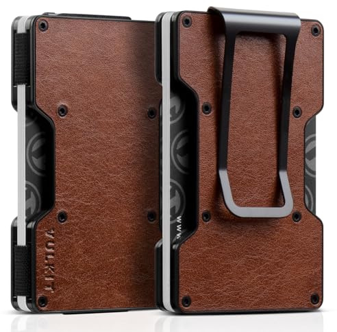 VULKIT Kartenetui Herren mit Geldklammer Metall Slim Wallet Kreditkartenetui RFID Schutz Geldbörse Herren Klein für 12–15 Karten, Retro Leder Braun