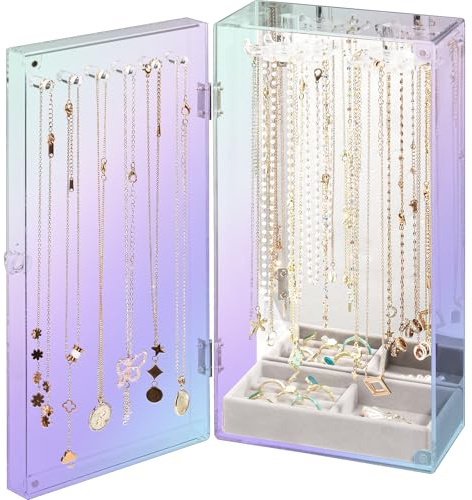 Lolalet Acryl Kettenhalter, Klarer Schmuck Organizer Schmuckständer Box staubdicht Halskette Display Kasten 24 Haken Transparent Schmuck Aufbewahrung Ständer mit Samt Tablett und Spiegel -Laser