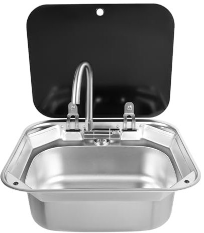 KEESUNG RV Caravan Oder Boot Edelstahl Handwaschbecken, Rechteckig RV Camping Spüle Bausatz mit Wasserhahn Edelstahl Wohnmobil Spülbecken mit Deckel für Kompatibel RV Camper Wohnmobil