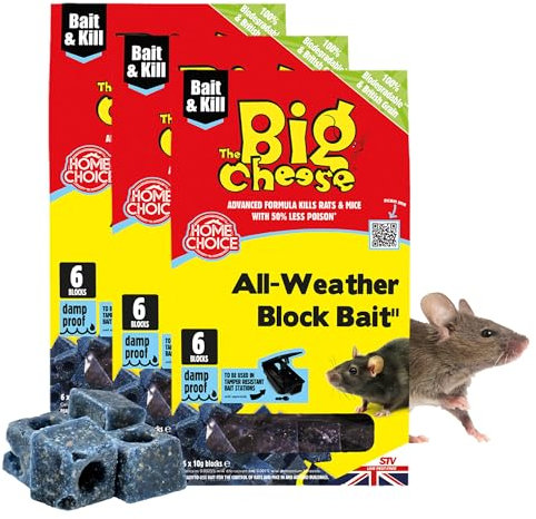 The Big Cheese All-Weather Bait Block - 6 x 10g, Kills Mice and Rats, Pest Control Product - Rat Killer For Mouse Traps, Damp-Proof, Weather-Resistant - Super Strength Rat Poisoning, Pet Safe