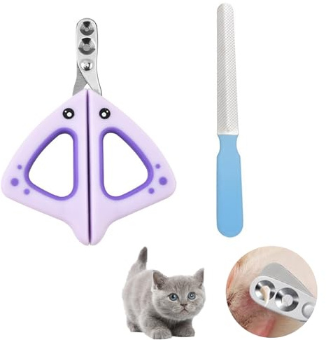 SXTDKMJ Krallenschere Katzen, Krallenschere Katzen mit Schutz Katzenkrallen Schneider Katzen Krallenschneider mit 2mm und 3mm Loch Edelstahl Katzennagelschneider für Kleine Hunde Welpen Katzen (Lila)
