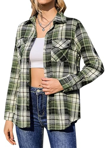 Aottori Chemisier à Carreaux Femme Coton Chemise Flanelle Chic avec Bouton Classique Blouse Bucheron Western Décontractée Retro Ecossaise Casual Vintage Blouse Noir Vert L