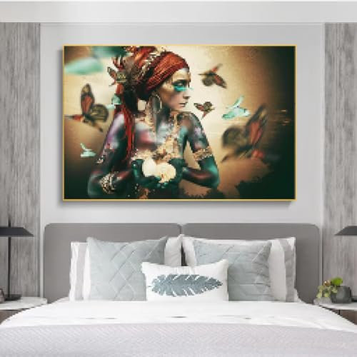 LZJAGXX Afrikanische Frau Leinwandgemälde Retro Wandkunst Poster und Drucke Buntes schwarzes Mädchen Kunstbild für Heimdekoration 70x100cm Rahmenlos